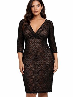 Lindy Bop Black Lace V-Neck Long Sleeve Sheath Dress size 12